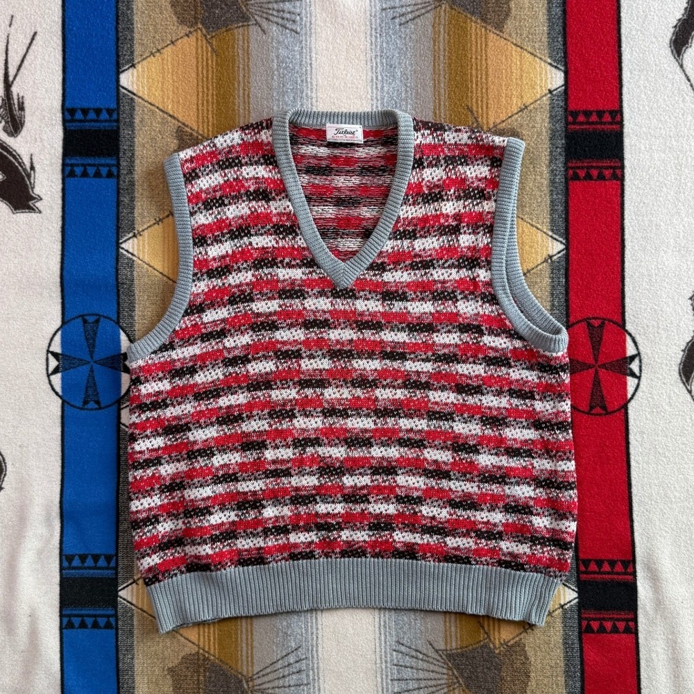 Titleist Corbin Mens V-Neck Sweater Vest Red Grey Striped Cotton Golf Knit XXL